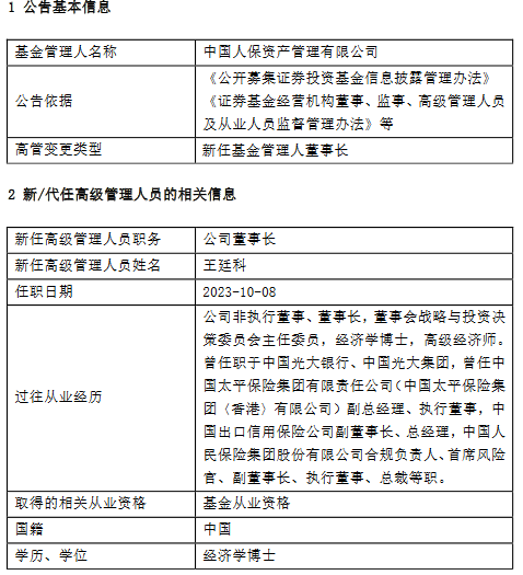 人保资产新任王廷科为董事长 曾任职于光大集团、太平保险集团、中国人民保险集团-第1张图片-末央生活网